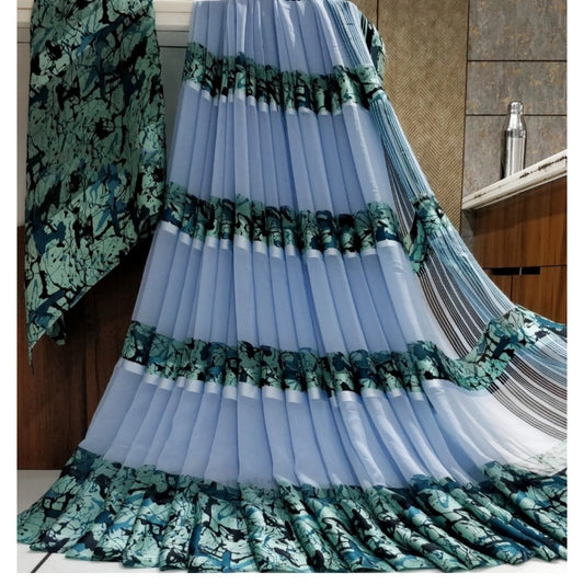 Amfyn Women's Satin Patta Printed Saree With Unstitched Blouse (Blue)