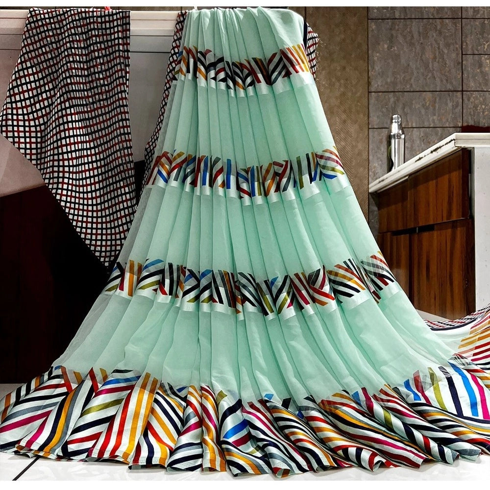 Amfyn Women's Satin Patta Printed Saree With Unstitched Blouse (Skyblue)