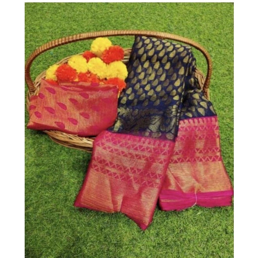 Amfyn Women's Viscose Rayon Printed Saree With Unstitched Blouse (Navy Blue)