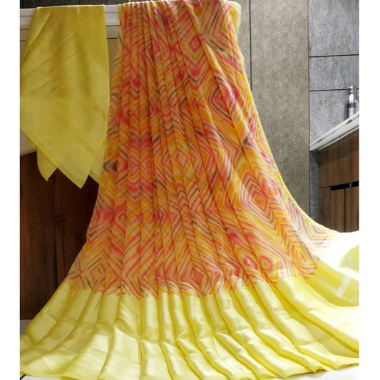 Amfyn Women's Satin Patta Printed Saree With Unstitched Blouse (Yellow)