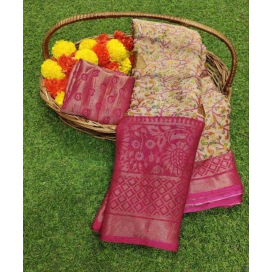 Amfyn Women's Viscose Rayon Printed Saree With Unstitched Blouse (Pink)