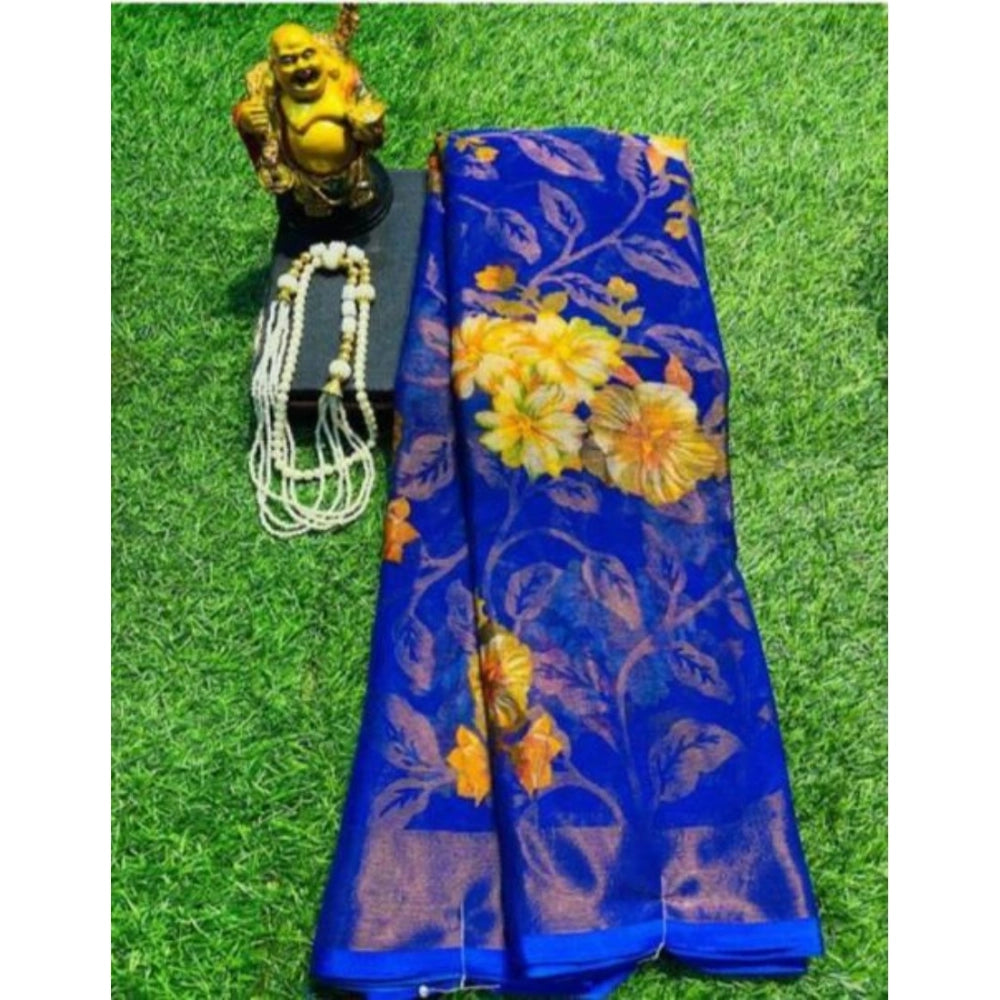 Amfyn Women's Viscose Rayon Printed Saree With Unstitched Blouse (Royal Blue)