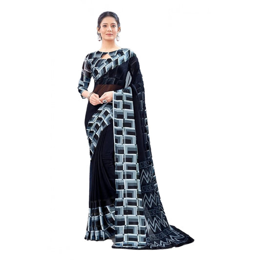 Amfyn Women's Satin Patta Printed Saree With Unstitched Blouse (Black)