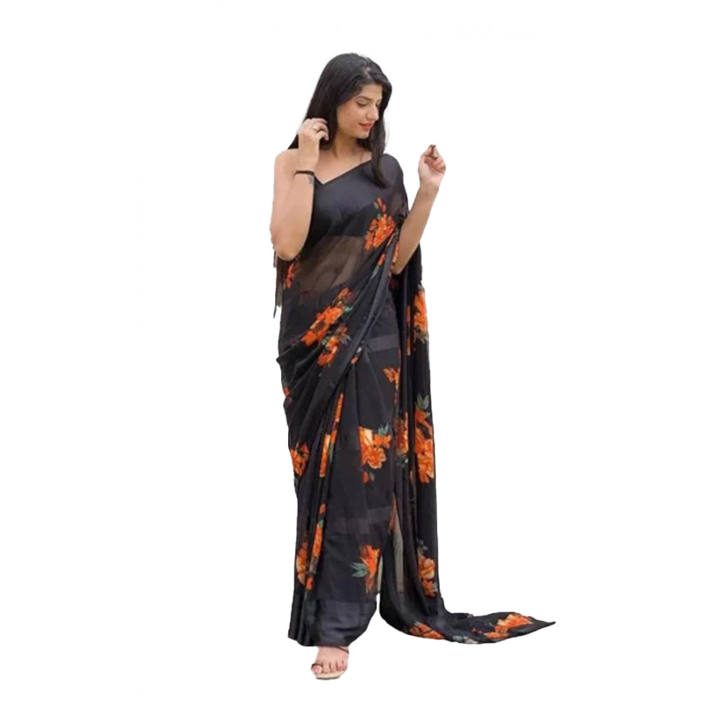 Amfyn Women's Satin Patta Printed Saree With Unstitched Blouse (Orange)