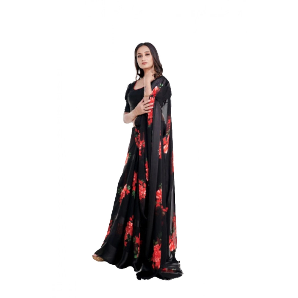 Amfyn Women's Satin Patta Printed Saree With Unstitched Blouse (Red)