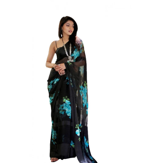 Amfyn Women's Satin Patta Printed Saree With Unstitched Blouse (Blue)