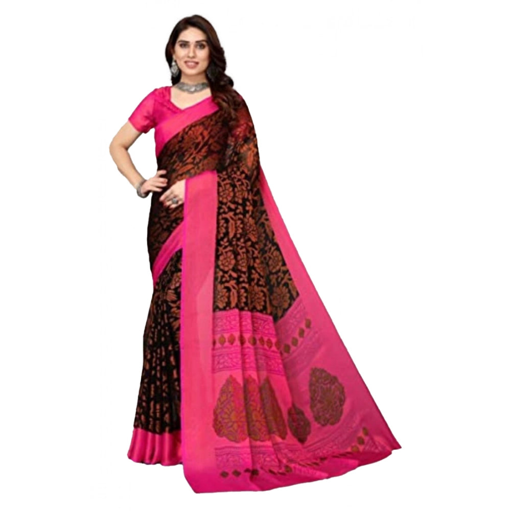 Amfyn Women's Viscose Rayon Printed Saree With Unstitched Blouse (Black)