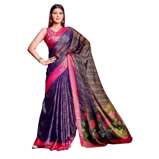 Amfyn Women's Viscose Rayon Printed Saree With Unstitched Blouse (Navy Blue)