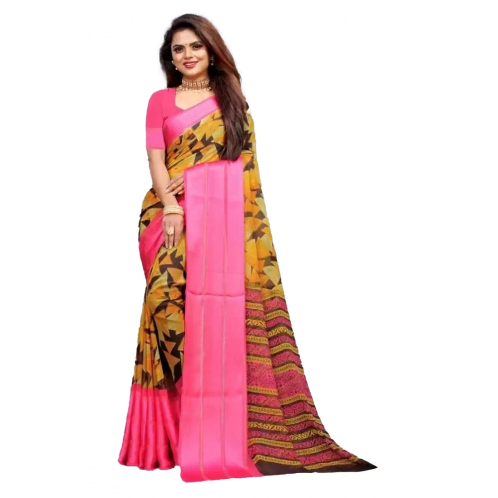 Amfyn Women's Satin Patta Printed Saree With Unstitched Blouse (Pink)