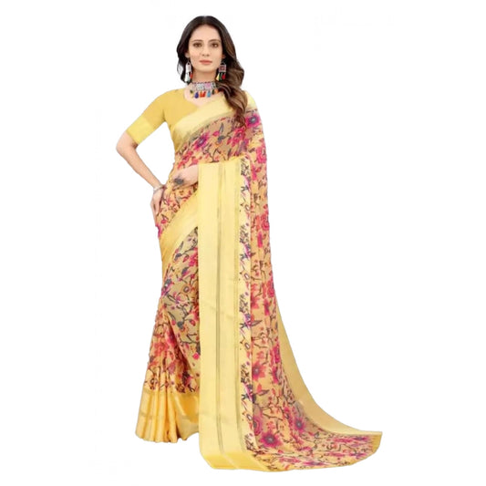 Amfyn Women's Satin Patta Printed Saree With Unstitched Blouse (Yellow)