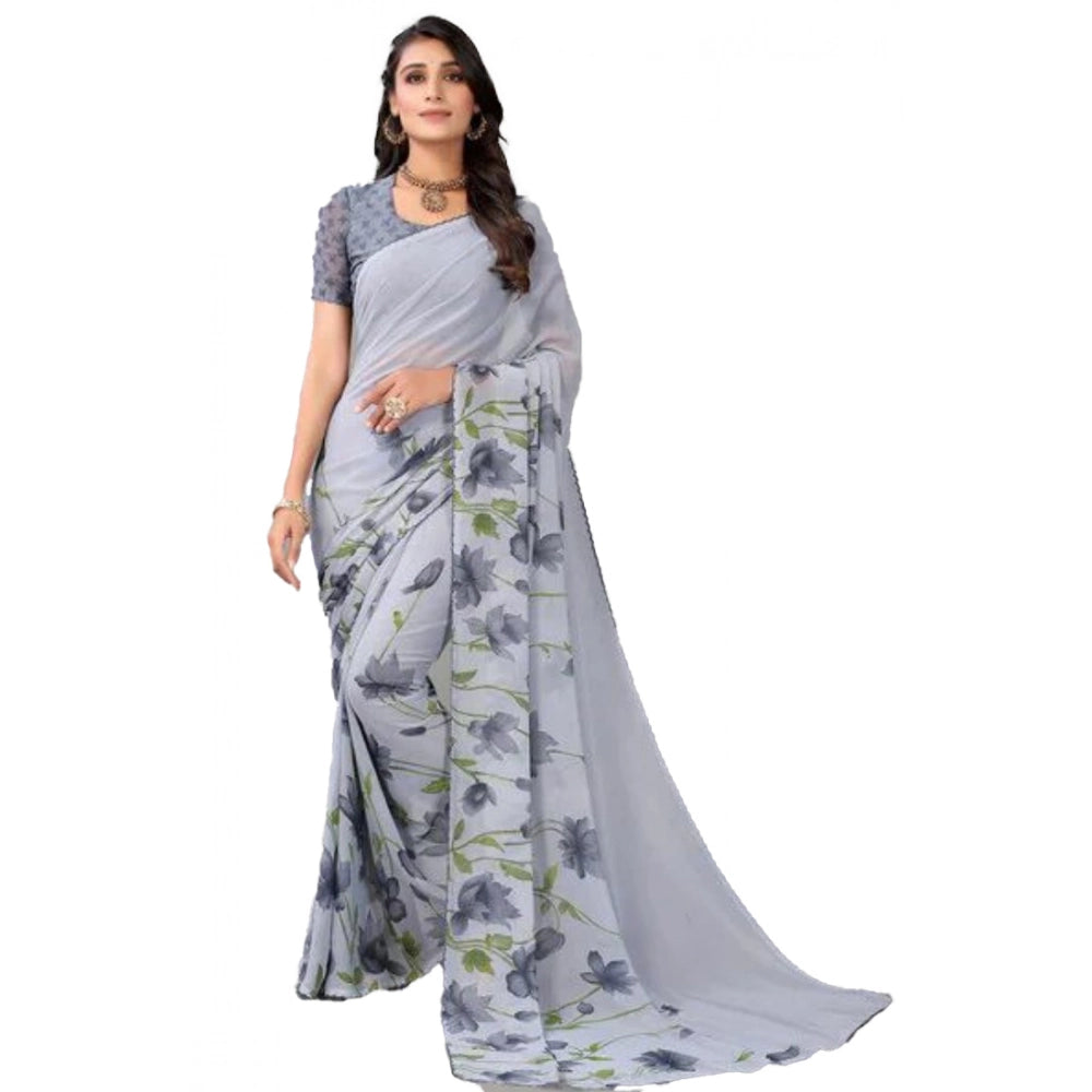 Amfyn Women's Georgette Printed Saree With Unstitched Blouse (Grey)