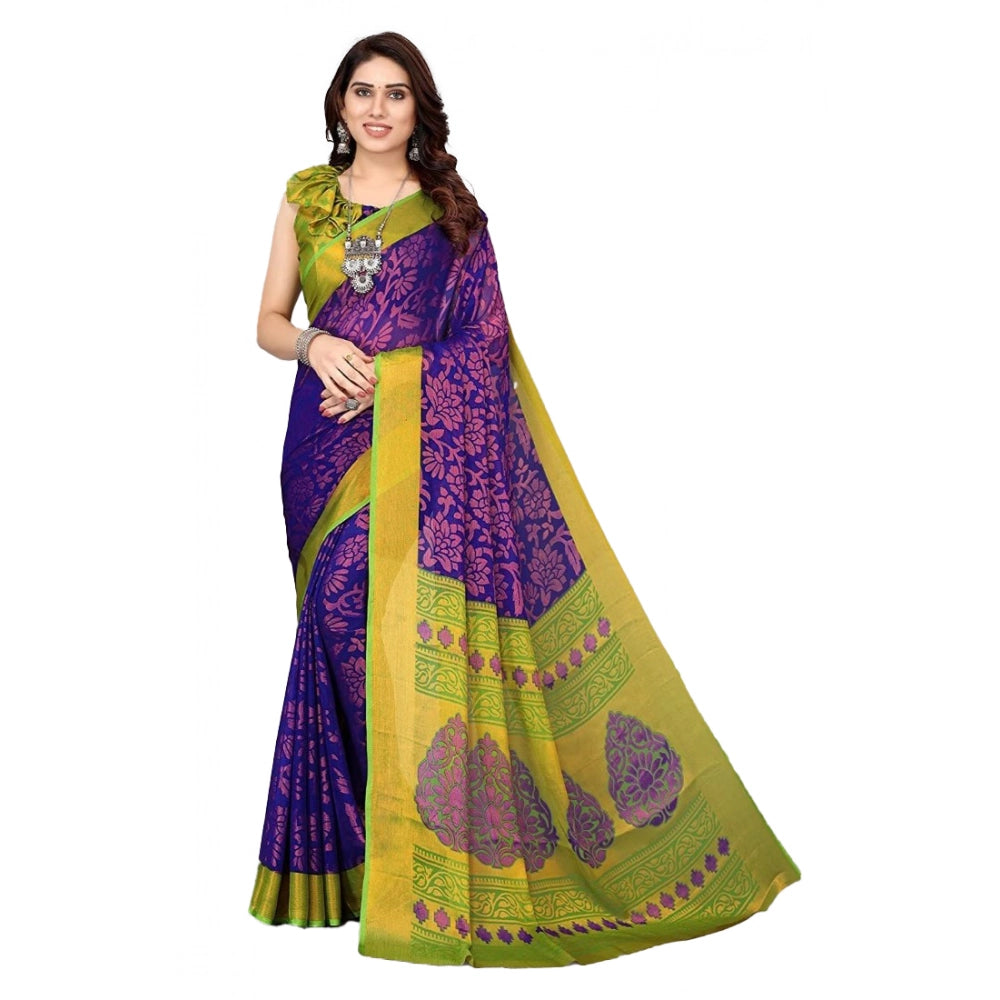 Amfyn Women's Viscose Rayon Printed Saree With Unstitched Blouse (Blue)