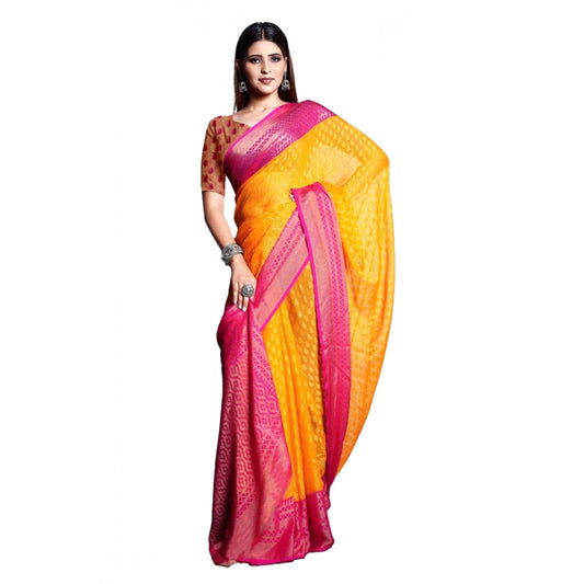 Amfyn Women's Viscose Rayon Printed Saree With Unstitched Blouse (Yellow)