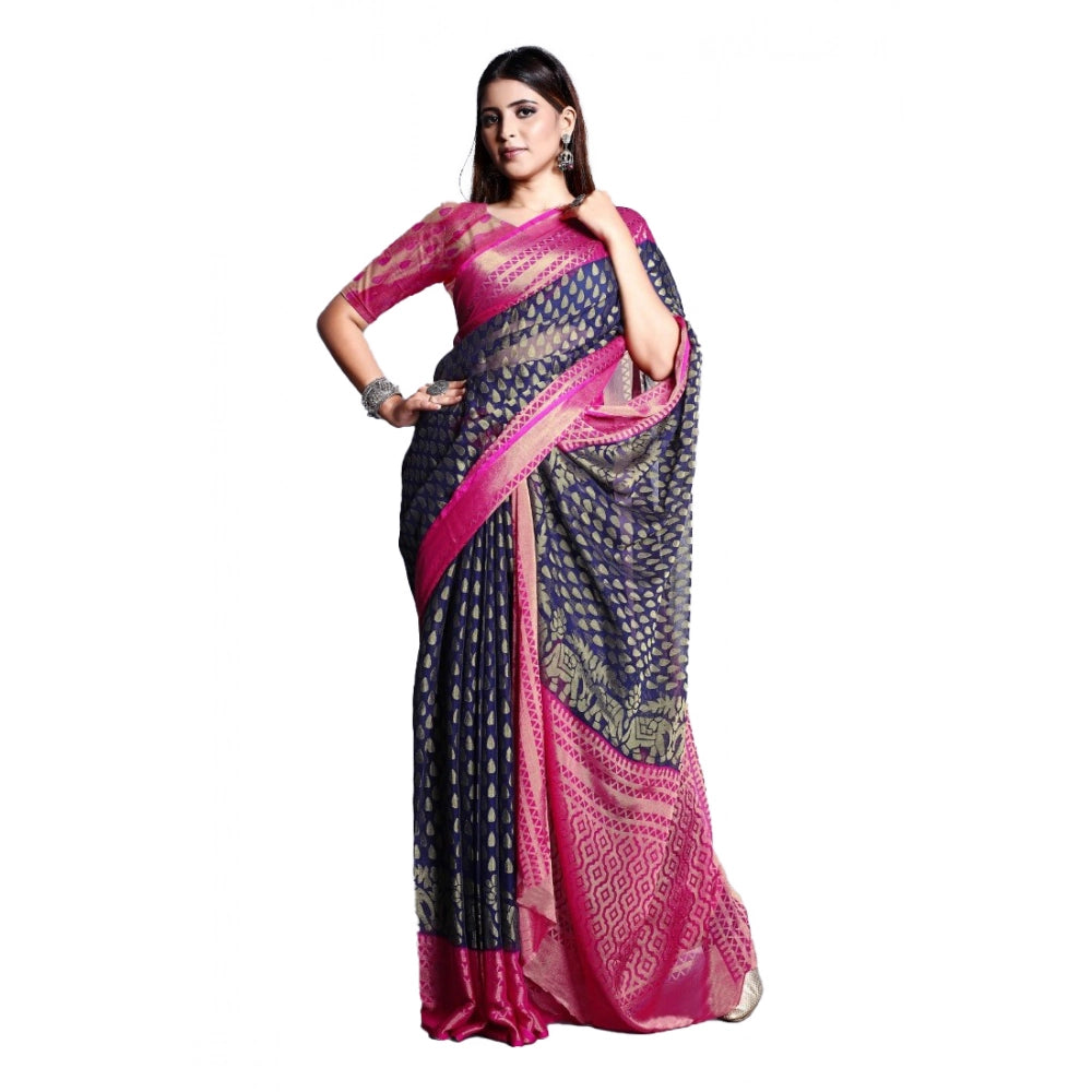 Amfyn Women's Viscose Rayon Printed Saree With Unstitched Blouse (Navy Blue)
