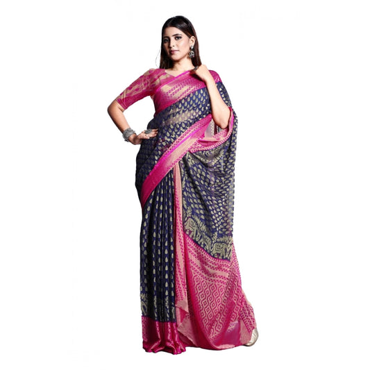 Amfyn Women's Viscose Rayon Printed Saree With Unstitched Blouse (Navy Blue)