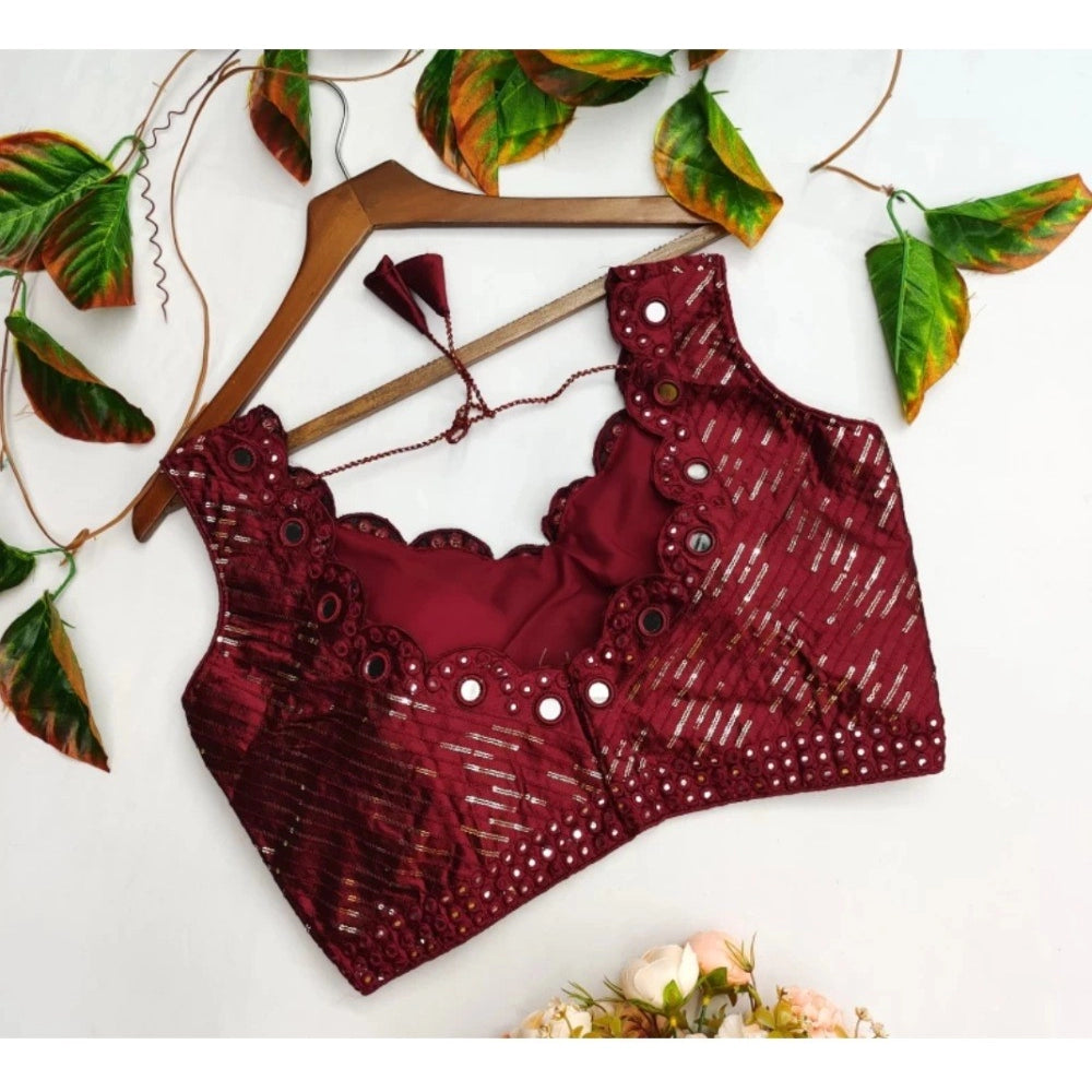 Amfyn Women's Cotton Silk Embellished Padded Cup Readymade Blouse (Maroon, Size: Free Size)