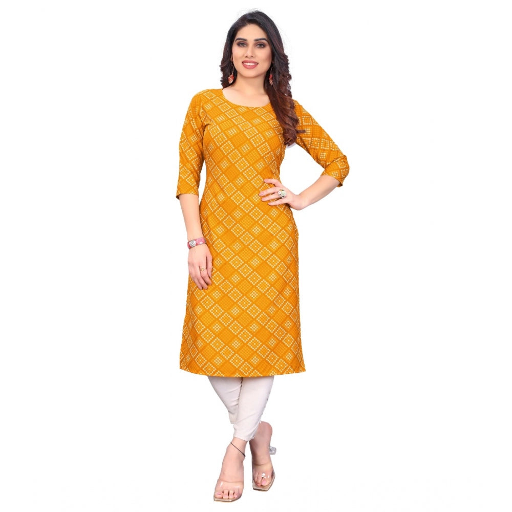 Amfyn Women's Casual 3/4th Sleeve Bandhani Printed Crepe Kurti (Yellow)
