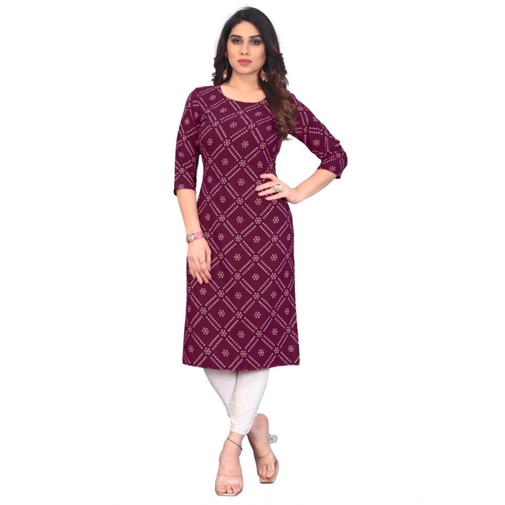 Amfyn Women's Casual 3/4th Sleeve Bandhani Printed Crepe Kurti (Wine)