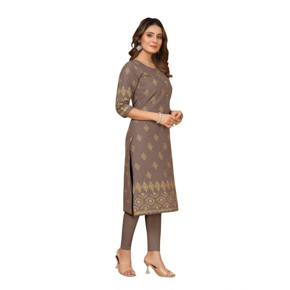 Amfyn Women's Casual 3/4th Sleeve Foil Gold Printed Ruby Cotton Kurti (Brown)