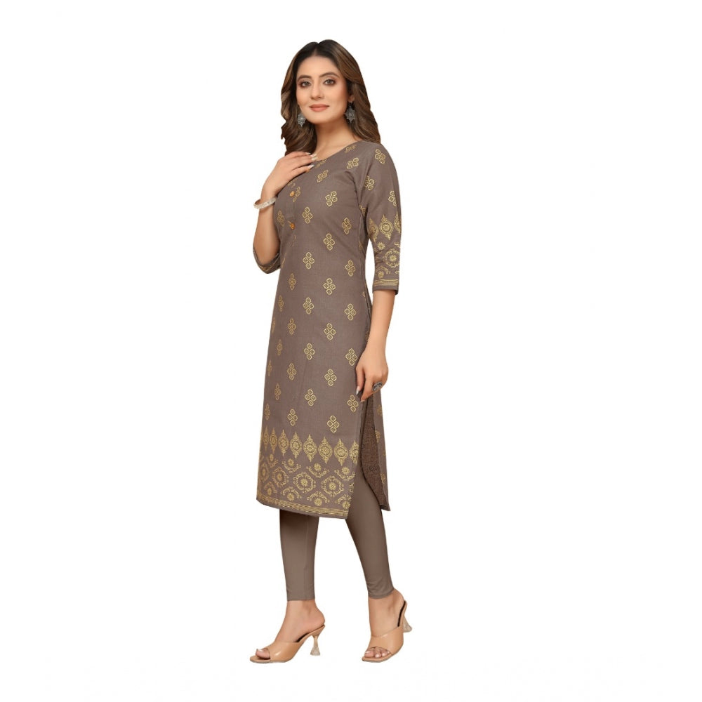 Amfyn Women's Casual 3/4th Sleeve Foil Gold Printed Ruby Cotton Kurti (Brown)