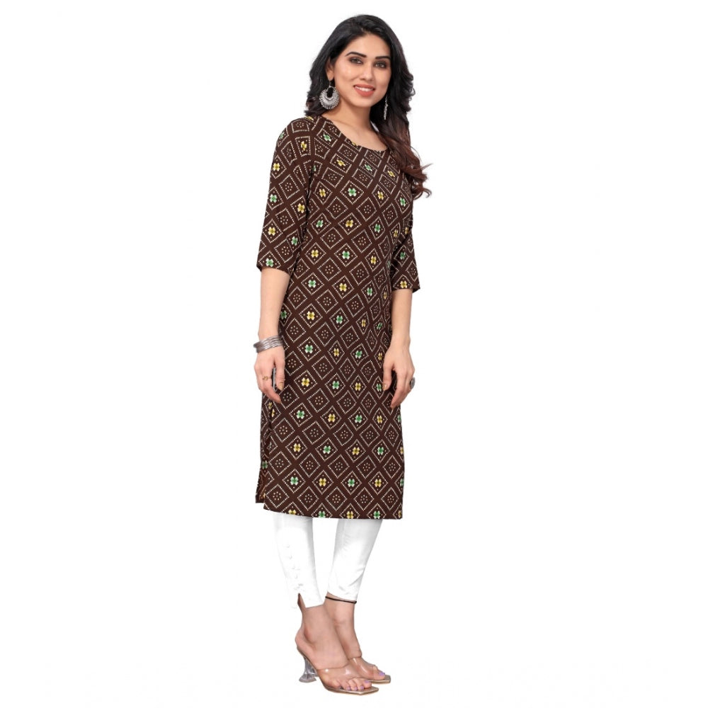 Amfyn Women's Casual 3/4th Sleeve Bandhani Printed Crepe Kurti (Brown)