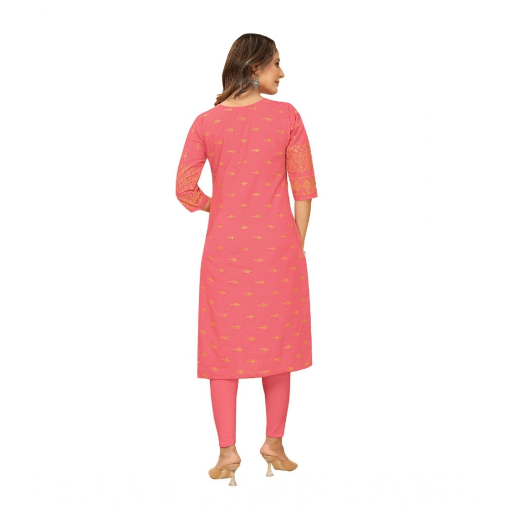 Amfyn Women's Casual 3/4th Sleeve Foil Gold Printed Ruby Cotton Kurti (Peach)