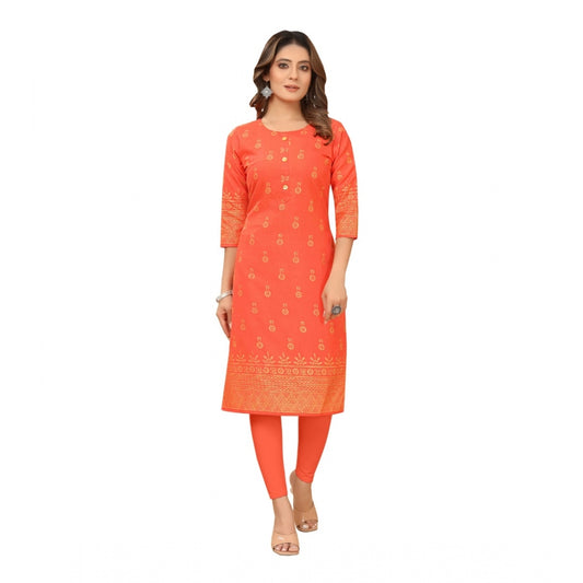Amfyn Women's Casual 3/4th Sleeve Foil Gold Printed Ruby Cotton Kurti (Orange)