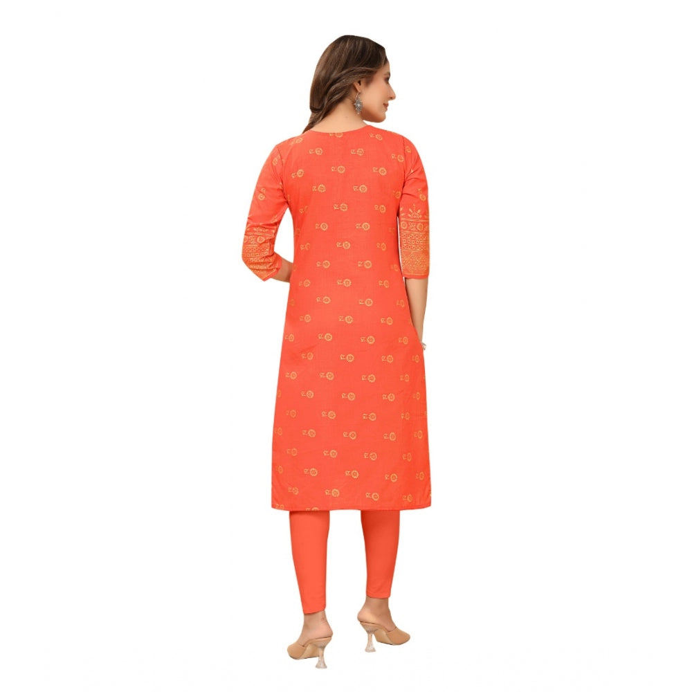 Amfyn Women's Casual 3/4th Sleeve Foil Gold Printed Ruby Cotton Kurti (Orange)