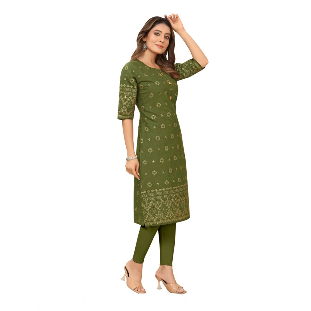 Amfyn Women's Casual 3/4th Sleeve Foil Gold Printed Ruby Cotton Kurti (Dark Green)