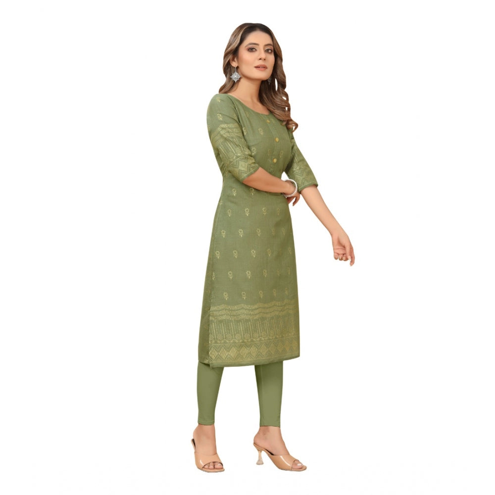 Amfyn Women's Casual 3/4th Sleeve Foil Gold Printed Ruby Cotton Kurti (Green)