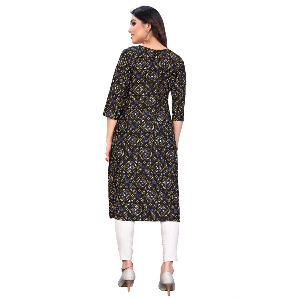 Amfyn Women's Casual 3/4th Sleeve Bandhani Printed Crepe Kurti (Black)