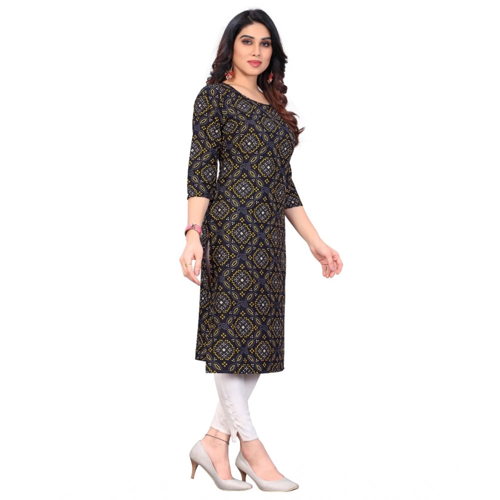 Amfyn Women's Casual 3/4th Sleeve Bandhani Printed Crepe Kurti (Black)