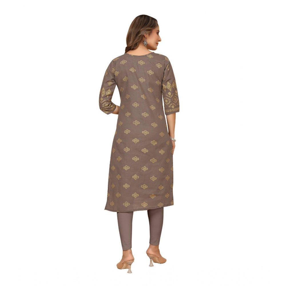 Amfyn Women's Casual 3/4th Sleeve Foil Gold Printed Ruby Cotton Kurti (Brown)