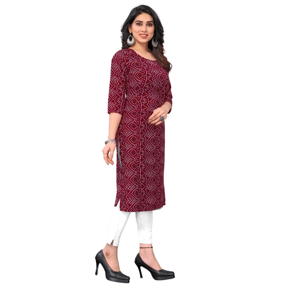 Amfyn Women's Casual 3/4th Sleeve Bandhani Printed Crepe Kurti (Maroon)