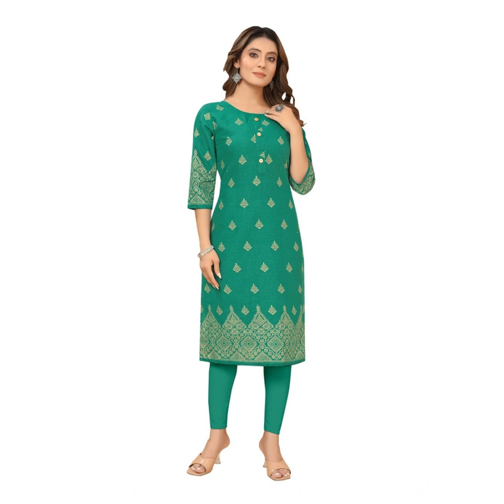 Amfyn Women's Casual 3/4th Sleeve Foil Gold Printed Ruby Cotton Kurti (Green)