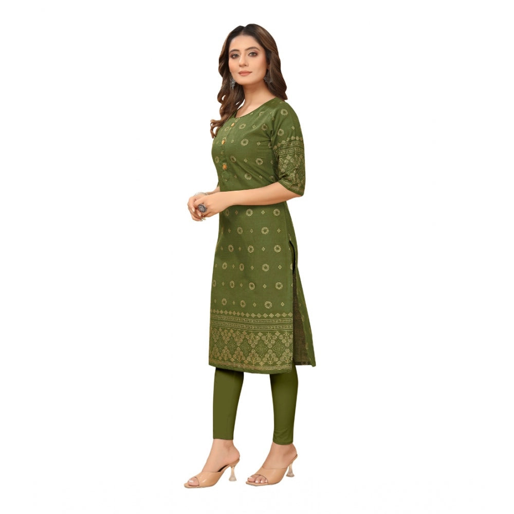 Amfyn Women's Casual 3/4th Sleeve Foil Gold Printed Ruby Cotton Kurti (Dark Green)