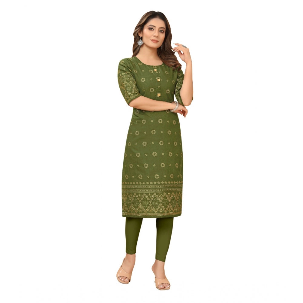 Amfyn Women's Casual 3/4th Sleeve Foil Gold Printed Ruby Cotton Kurti (Dark Green)
