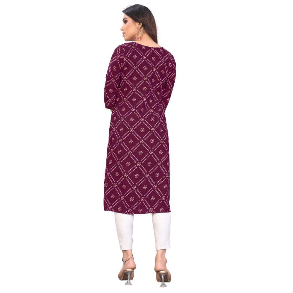 Amfyn Women's Casual 3/4th Sleeve Bandhani Printed Crepe Kurti (Wine)