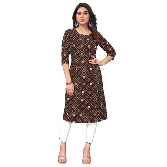 Amfyn Women's Casual 3/4th Sleeve Bandhani Printed Crepe Kurti (Brown)