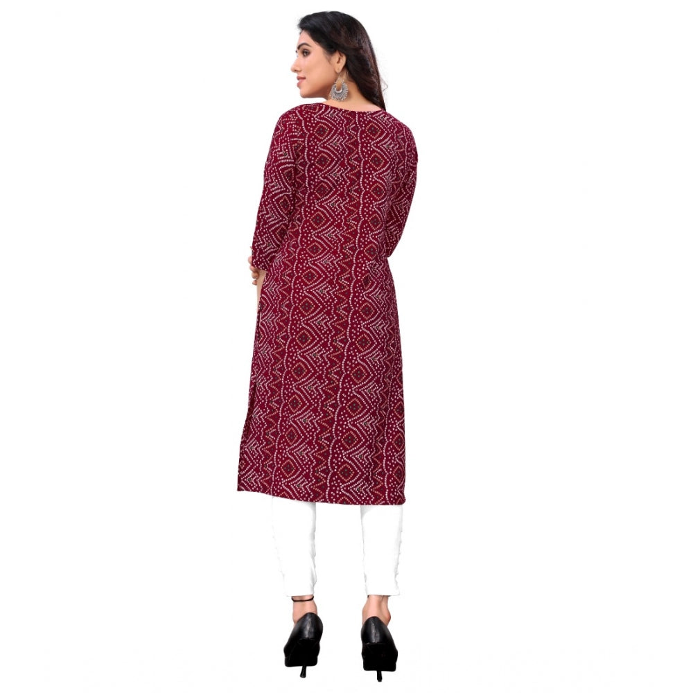 Amfyn Women's Casual 3/4th Sleeve Bandhani Printed Crepe Kurti (Maroon)