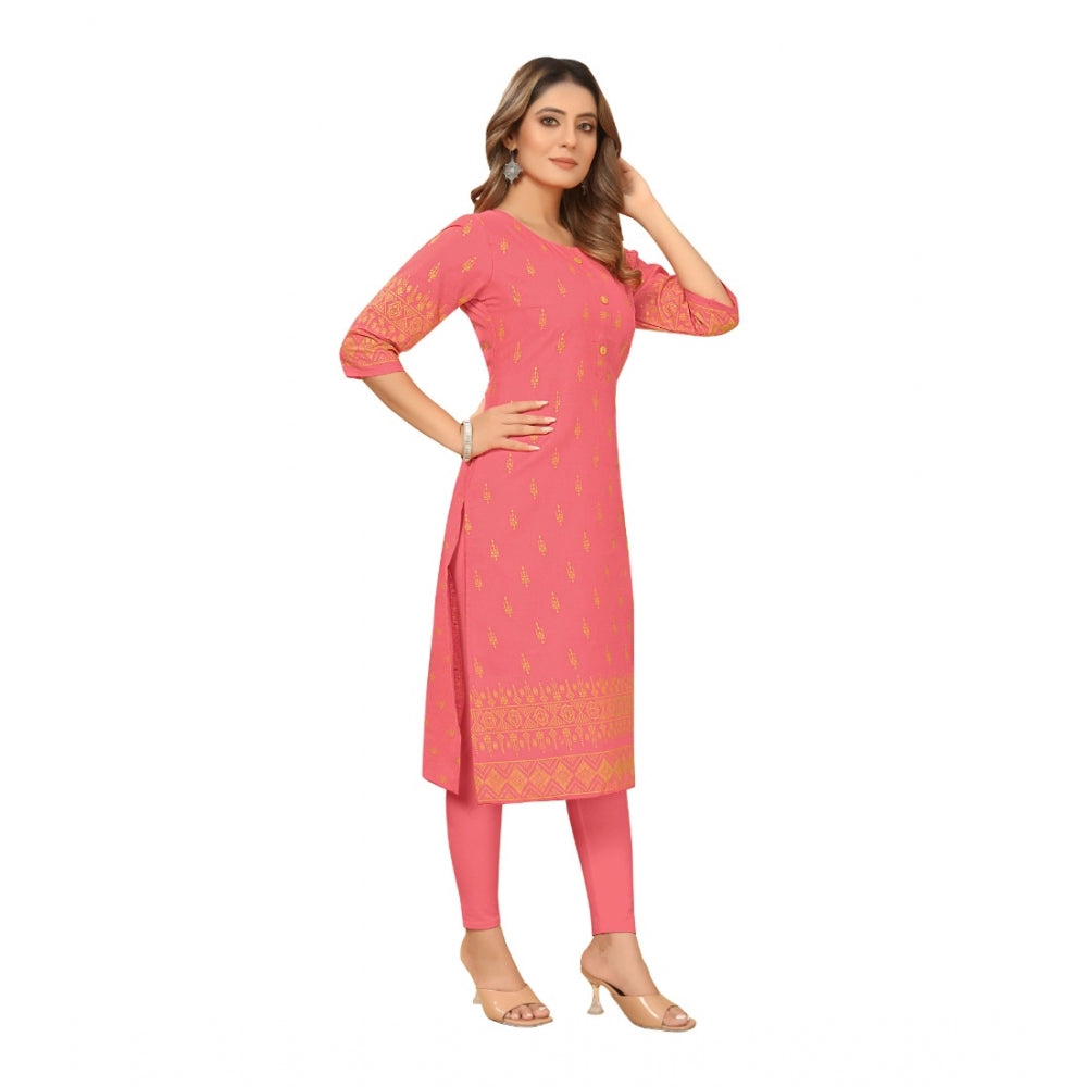 Amfyn Women's Casual 3/4th Sleeve Foil Gold Printed Ruby Cotton Kurti (Peach)