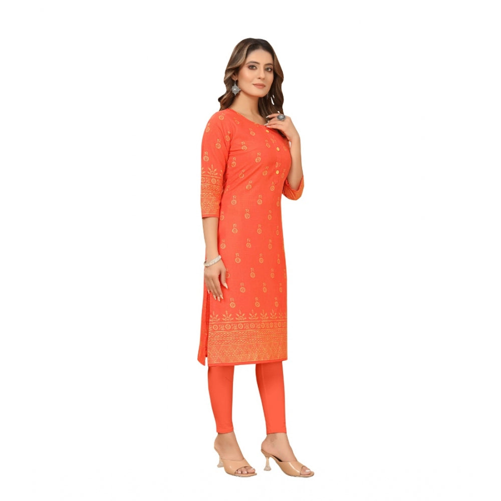 Amfyn Women's Casual 3/4th Sleeve Foil Gold Printed Ruby Cotton Kurti (Orange)