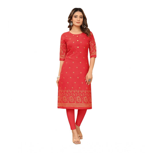 Amfyn Women's Casual 3/4th Sleeve Foil Gold Printed Ruby Cotton Kurti (Red)
