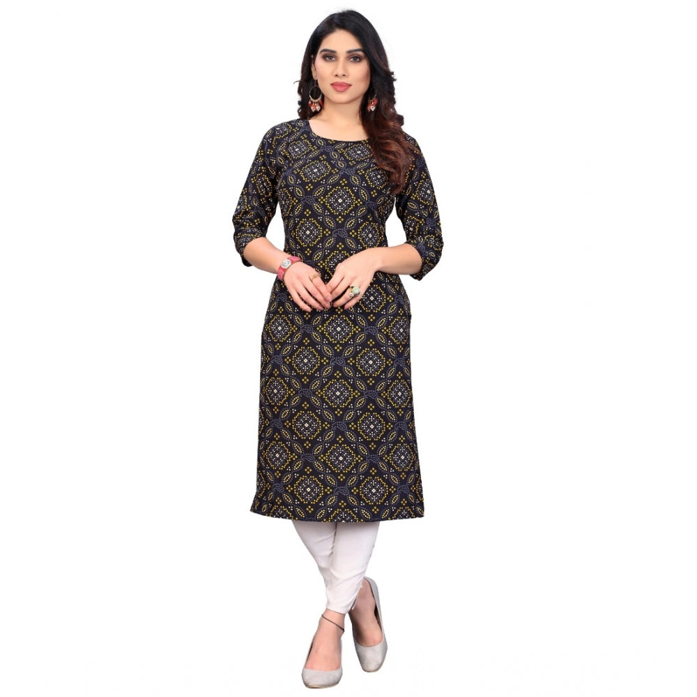 Amfyn Women's Casual 3/4th Sleeve Bandhani Printed Crepe Kurti (Black)