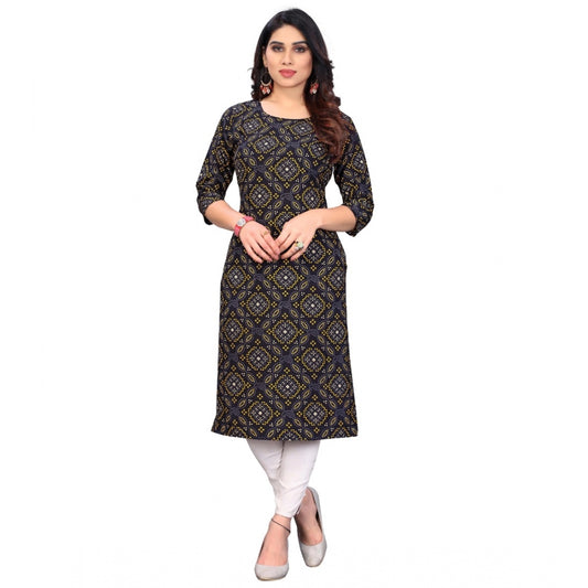 Amfyn Women's Casual 3/4th Sleeve Bandhani Printed Crepe Kurti (Black)
