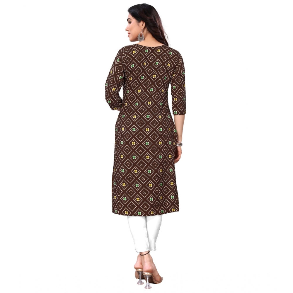 Amfyn Women's Casual 3/4th Sleeve Bandhani Printed Crepe Kurti (Brown)
