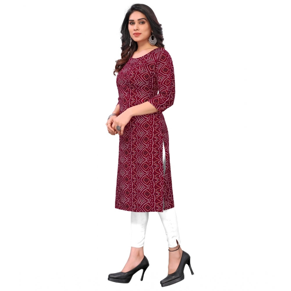 Amfyn Women's Casual 3/4th Sleeve Bandhani Printed Crepe Kurti (Maroon)