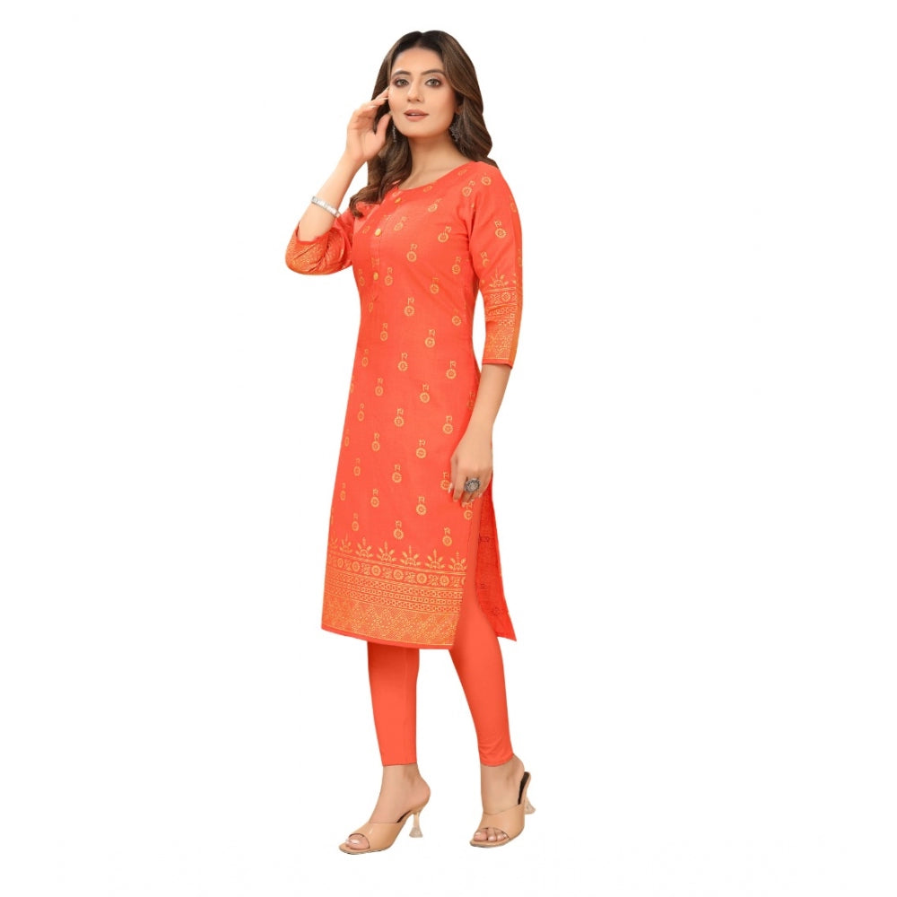 Amfyn Women's Casual 3/4th Sleeve Foil Gold Printed Ruby Cotton Kurti (Orange)