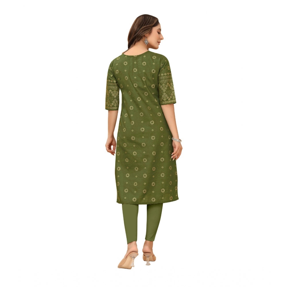 Amfyn Women's Casual 3/4th Sleeve Foil Gold Printed Ruby Cotton Kurti (Dark Green)