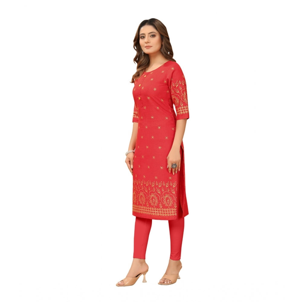 Amfyn Women's Casual 3/4th Sleeve Foil Gold Printed Ruby Cotton Kurti (Red)